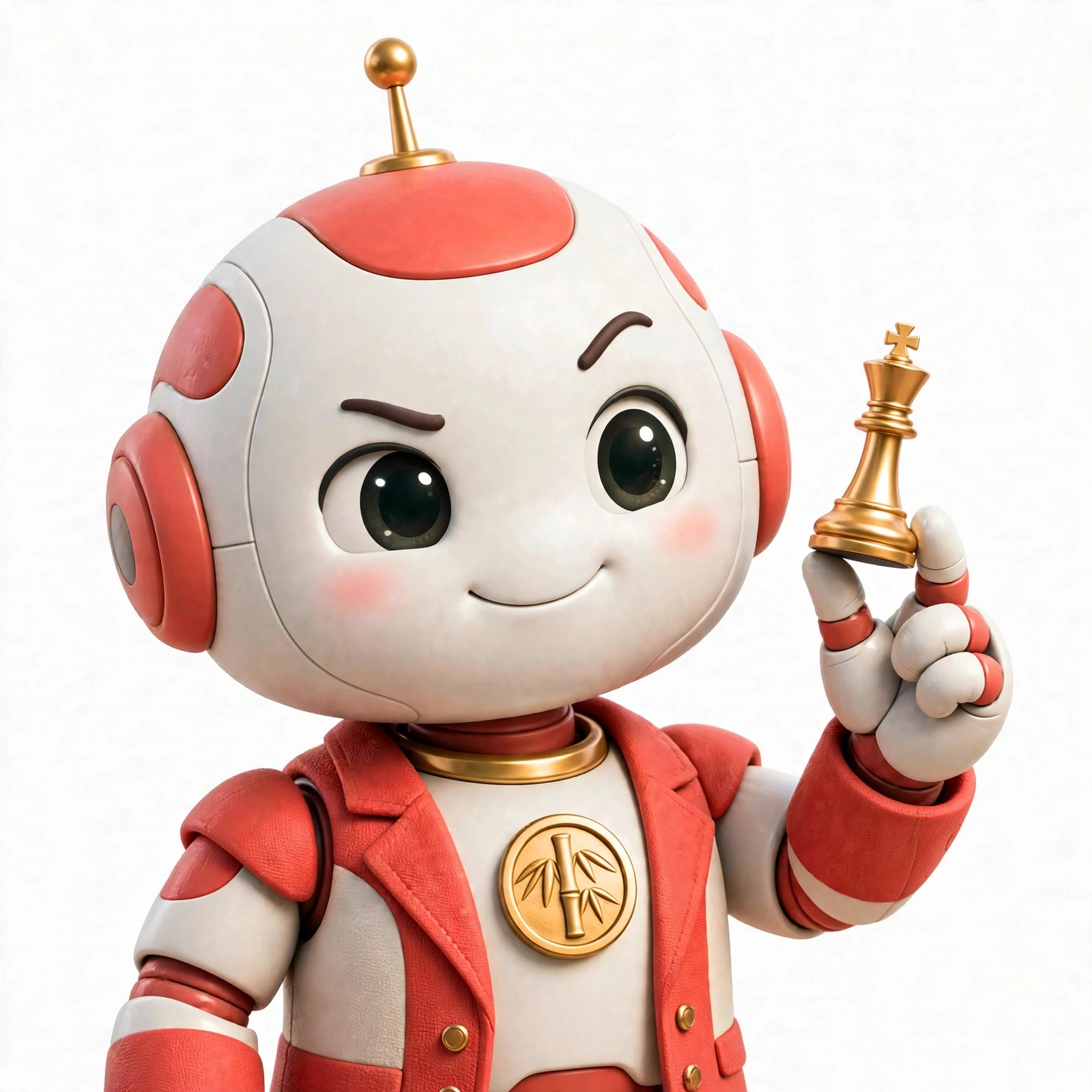 Venty, tu Sales Manager: robot coral con el rey de ajedrez dorado en la mano y la placa de bambú de la familia en el pecho
